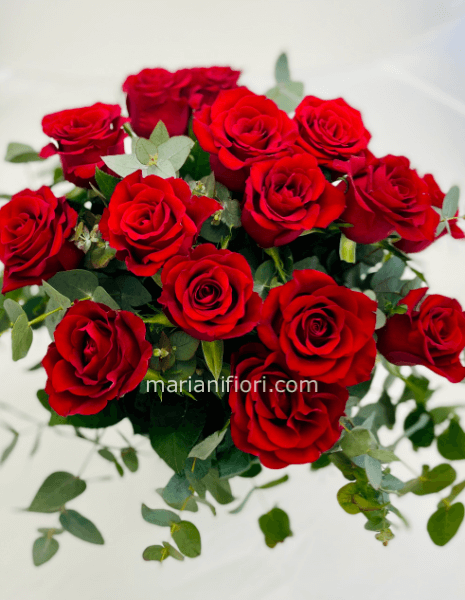 Bouquet di 24 rose rosse e verdi decorativi